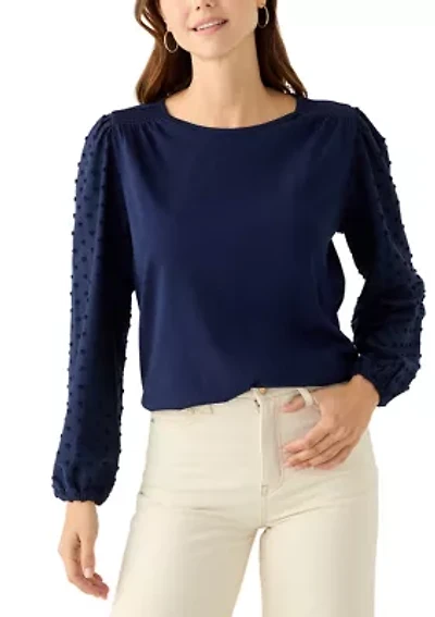 Women's Long Puff Sleeve Texture Knit Solid Sweater