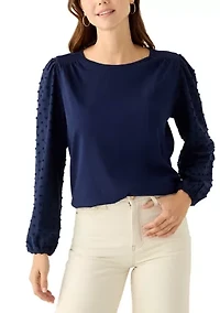 Women's Long Puff Sleeve Texture Knit Solid Sweater