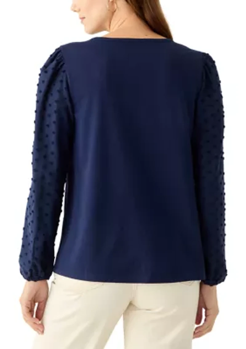 Women's Long Puff Sleeve Texture Knit Solid Sweater