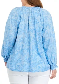 Plus Printed Smocked Shoulder Top