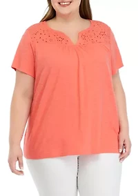 Plus Short Sleeve Eyelet Yoke T-Shirt