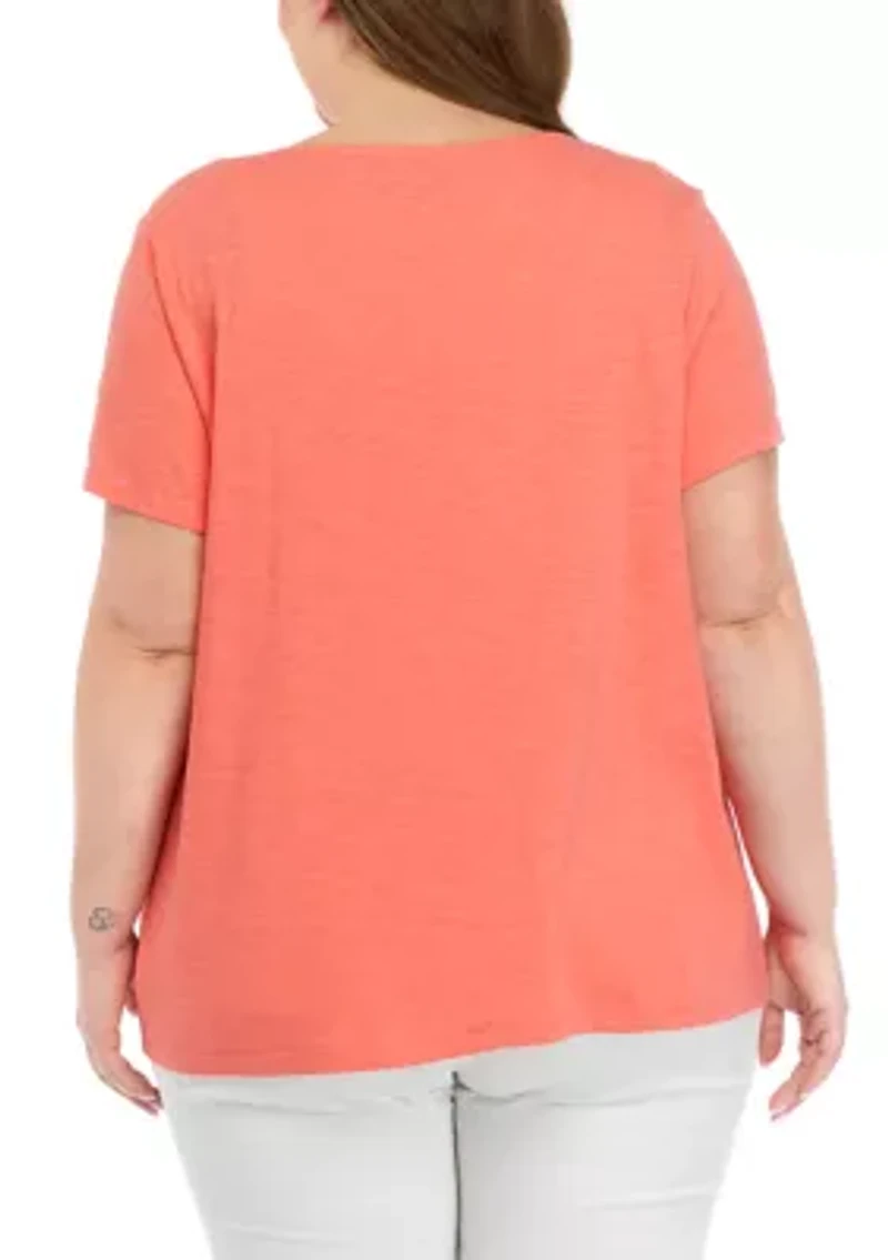 Plus Short Sleeve Eyelet Yoke T-Shirt