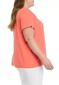Plus Short Sleeve Eyelet Yoke T-Shirt