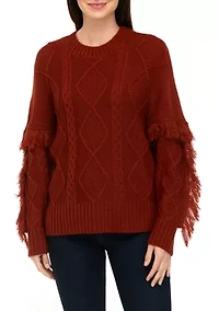Women's Long Sleeve Cable Pullover Sweater with Fringe
