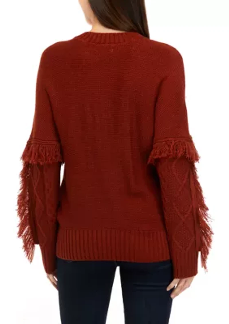 Women's Long Sleeve Cable Pullover Sweater with Fringe