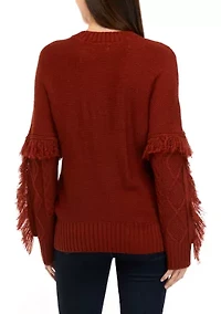 Women's Long Sleeve Cable Pullover Sweater with Fringe