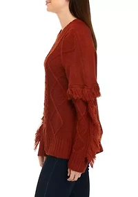 Women's Long Sleeve Cable Pullover Sweater with Fringe