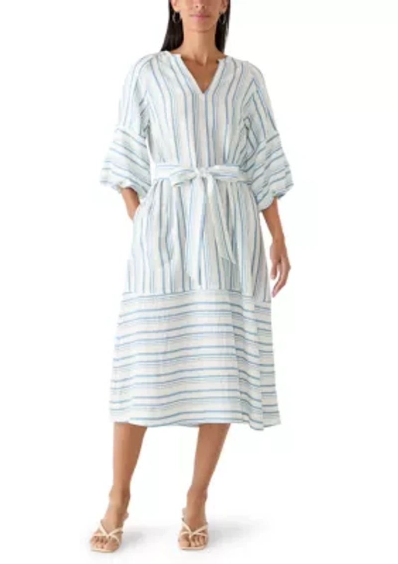 Women's Elbow Sleeve V-Neck Belted Midi Dress