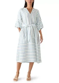 Women's Elbow Sleeve V-Neck Belted Midi Dress