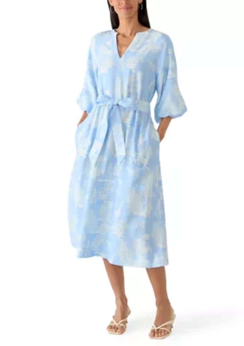 Women's Elbow Sleeve V-Neck Belted Midi Dress