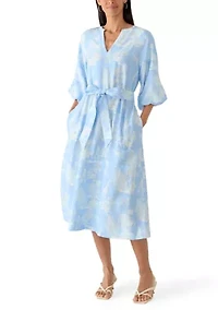 Women's Elbow Sleeve V-Neck Belted Midi Dress