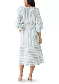 Women's Elbow Sleeve V-Neck Belted Midi Dress