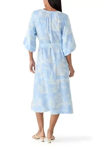 Women's Elbow Sleeve V-Neck Belted Midi Dress