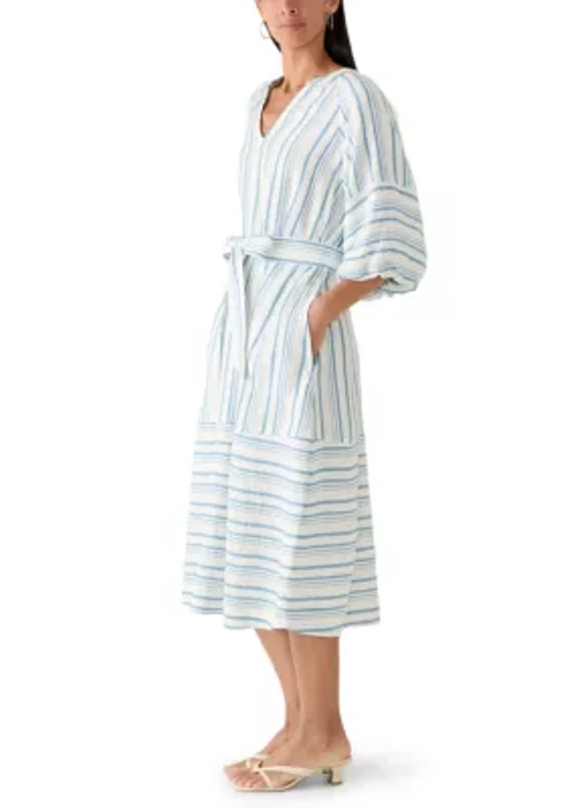 Women's Elbow Sleeve V-Neck Belted Midi Dress