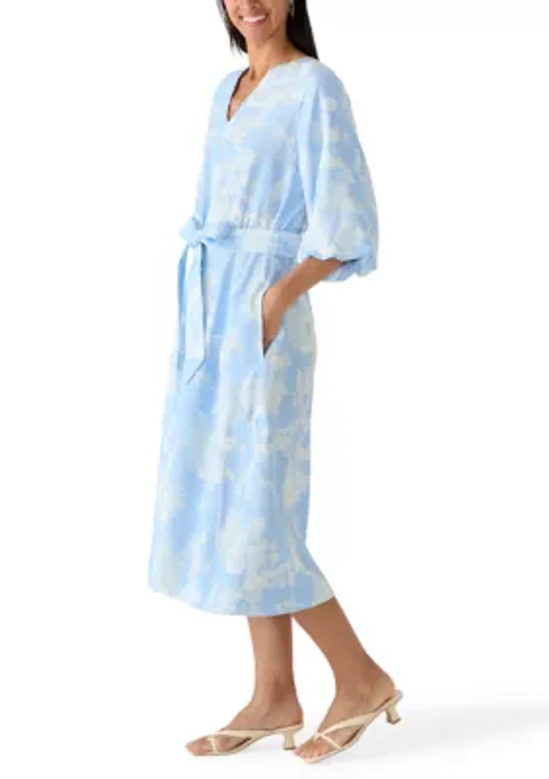 Women's Elbow Sleeve V-Neck Belted Midi Dress