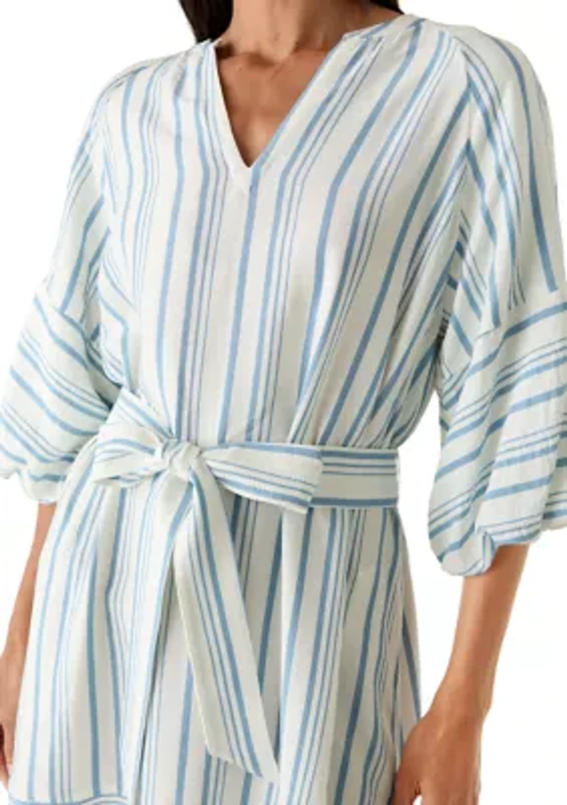 Women's Elbow Sleeve V-Neck Belted Midi Dress