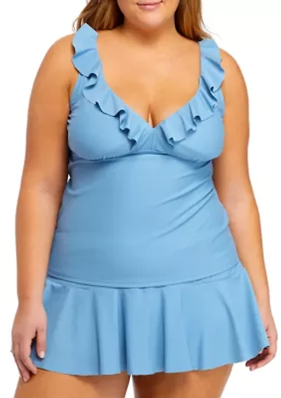 Plus Dream Solid V-Neck Ruffle Swim Tankini Top