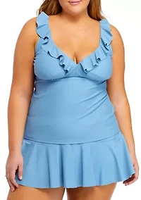 Plus Dream Solid V-Neck Ruffle Swim Tankini Top