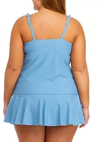 Plus Dream Solid V-Neck Ruffle Swim Tankini Top