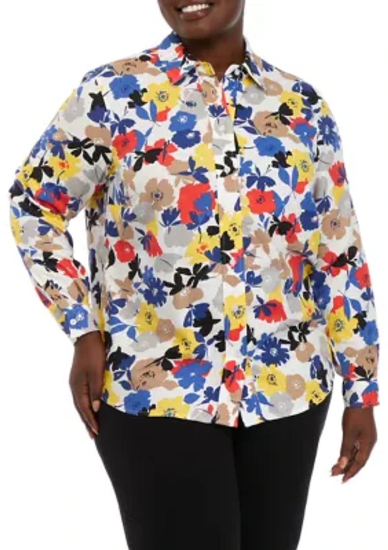 Plus Printed Oversized Button Blouse