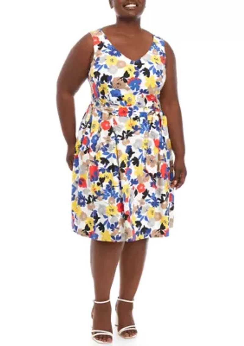 Plus Sleeveless V-Neck Floral Fit and Flare Midi Dress