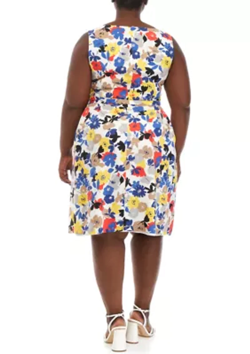 Plus Sleeveless V-Neck Floral Fit and Flare Midi Dress