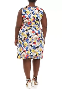 Plus Sleeveless V-Neck Floral Fit and Flare Midi Dress