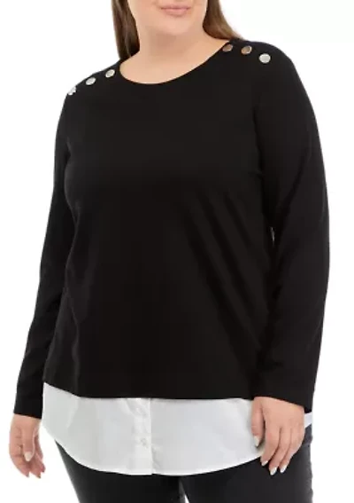 Plus Serenity Knit 2Fer Top with Woven Shoulder Rivets