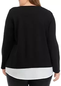 Plus Serenity Knit 2Fer Top with Woven Shoulder Rivets