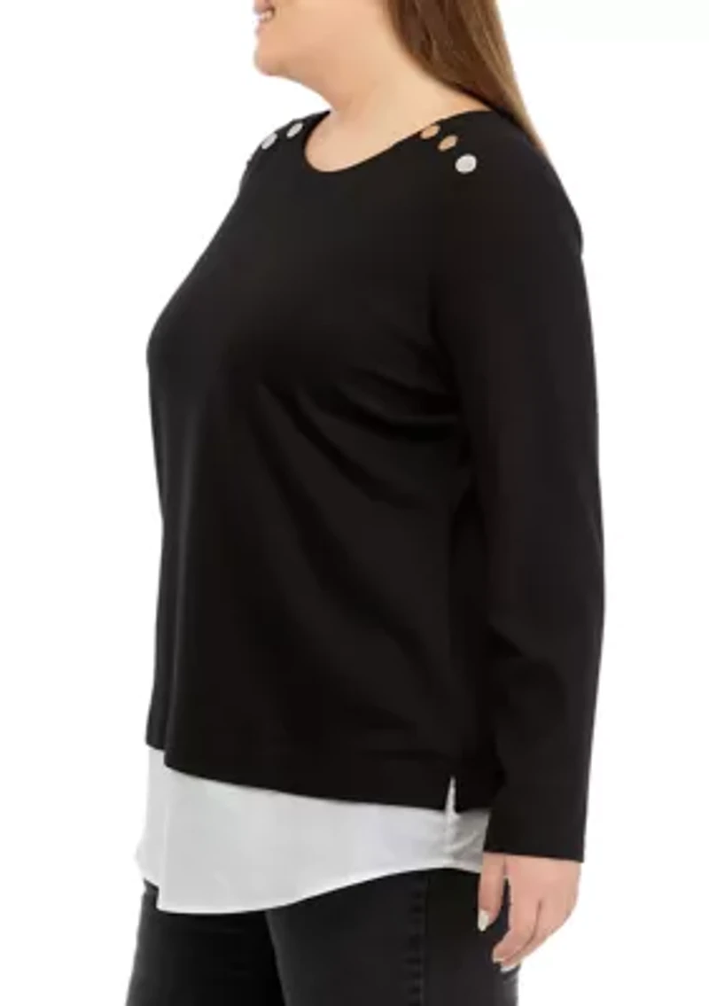 Plus Serenity Knit 2Fer Top with Woven Shoulder Rivets