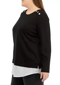 Plus Serenity Knit 2Fer Top with Woven Shoulder Rivets