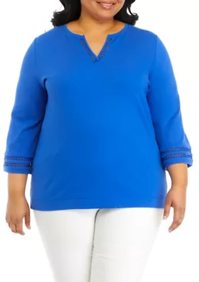 Plus Serenity 3/4 Sleeve Ladder Trim Split Neck Top