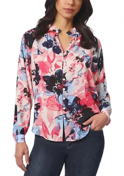Petite Long Sleeve Raglan Peasant Blouse with Ruffle Neck