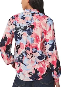 Petite Long Sleeve Raglan Peasant Blouse with Ruffle Neck