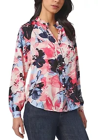 Petite Long Sleeve Raglan Peasant Blouse with Ruffle Neck