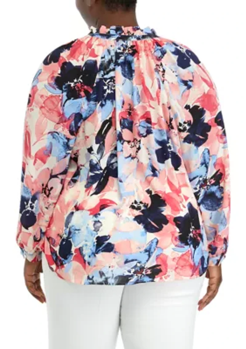 Plus Long Sleeve Peasant Blouse with Ruffle Neck