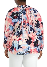 Plus Long Sleeve Peasant Blouse with Ruffle Neck