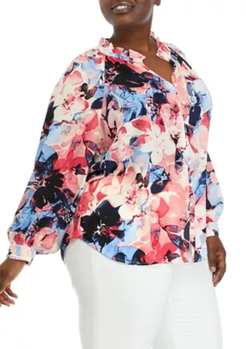 Plus Long Sleeve Peasant Blouse with Ruffle Neck