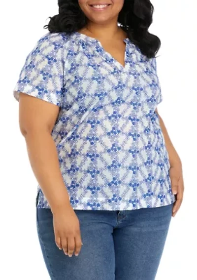 Plus Short Sleeve Embroidered Popover Top