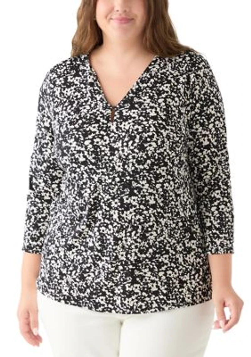 Plus Printed Moss Crepe 3/4 Sleeve V-Neck Top with Tube Trim