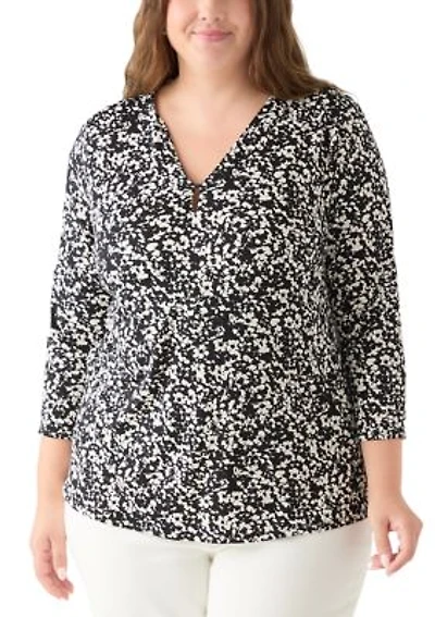 Plus Printed Moss Crepe 3/4 Sleeve V-Neck Top with Tube Trim