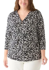 Plus Printed Moss Crepe 3/4 Sleeve V-Neck Top with Tube Trim
