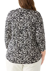 Plus Printed Moss Crepe 3/4 Sleeve V-Neck Top with Tube Trim
