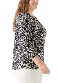 Plus Printed Moss Crepe 3/4 Sleeve V-Neck Top with Tube Trim
