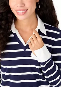 Petite Long Sleeve Stripe Popover Top