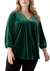 Plus 3/4 Sleeve Pleat Front Velour Top