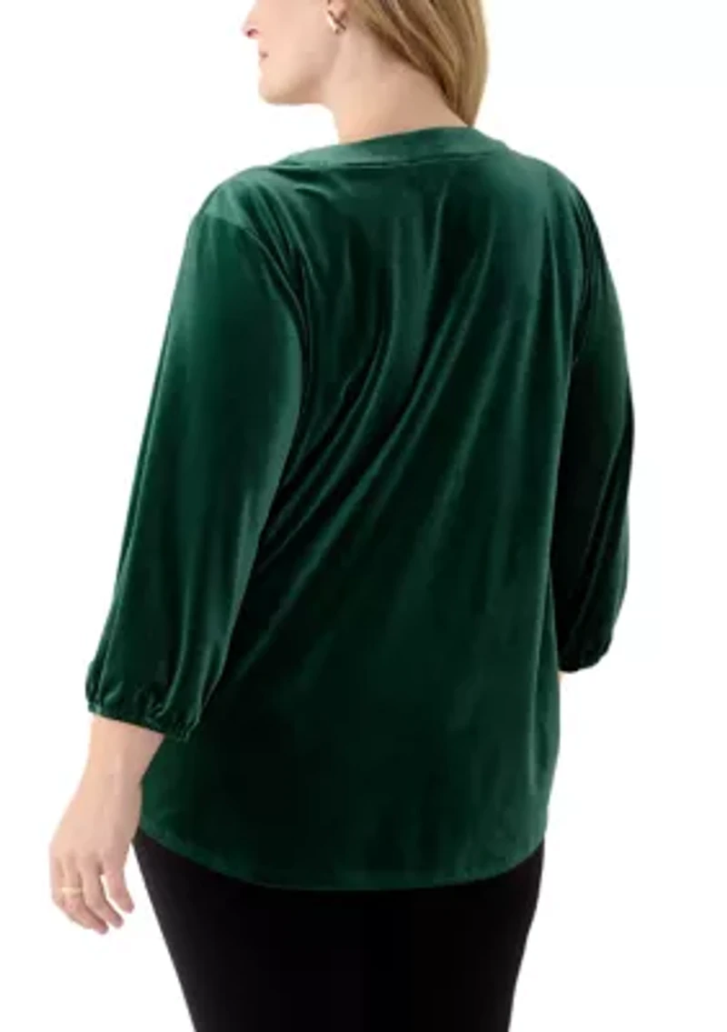 Plus 3/4 Sleeve Pleat Front Velour Top
