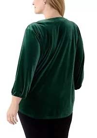Plus 3/4 Sleeve Pleat Front Velour Top
