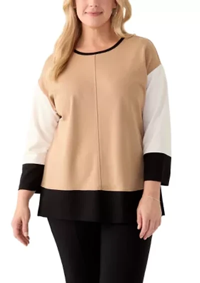 Plus Serenity Knit Color Blocked 3/4 Sleeve Tunic Top