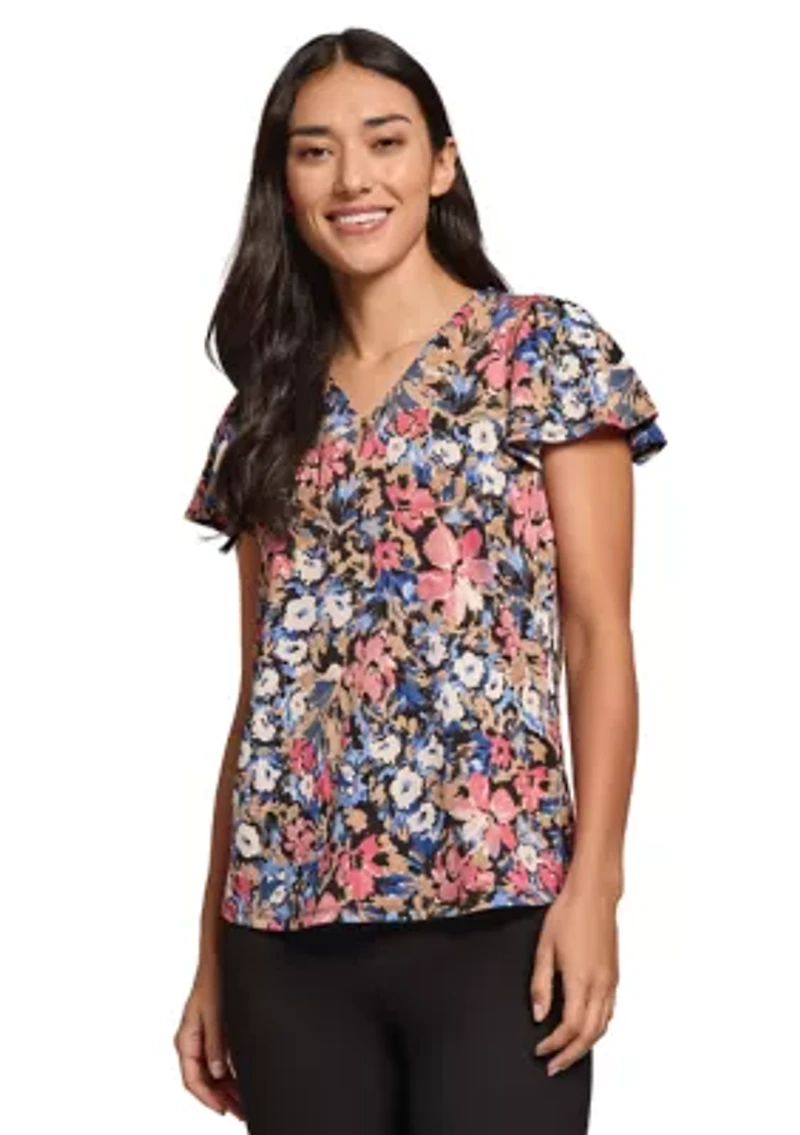 Petite Printed Moss Crepe V-Neck Top